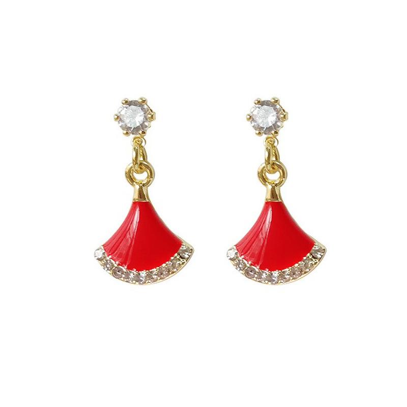 Silver needle fan-shaped full diamond red small stud earrings, personality and temperament simple skirt earrings Internet celebrity earrings
