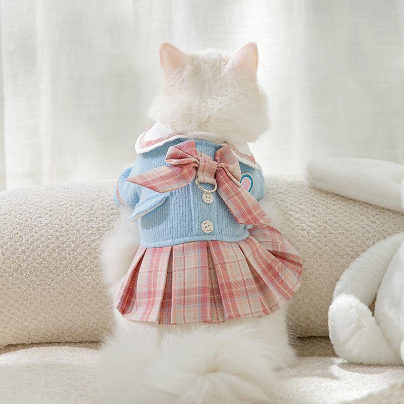 New autumn pet academy style uniform JK traction skirt two feet warm small dog dog clothing cat clothes