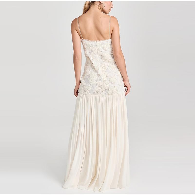 Women's Chiffon Dress Elegant White Backless 3D Flower Strap Dress Pleated A-line Patchwork Design Summer Beach Vacation Robe Evening Vestidos Dress