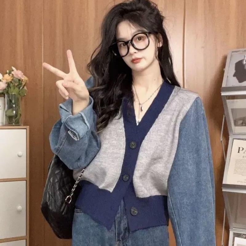 

Небольшой ароматный вязаный джинсовый свитер женский весенне-осенний свободный короткий свитер с рукавами «летучая мышь» контрастного цвета с v-образным вырезом One Size серый