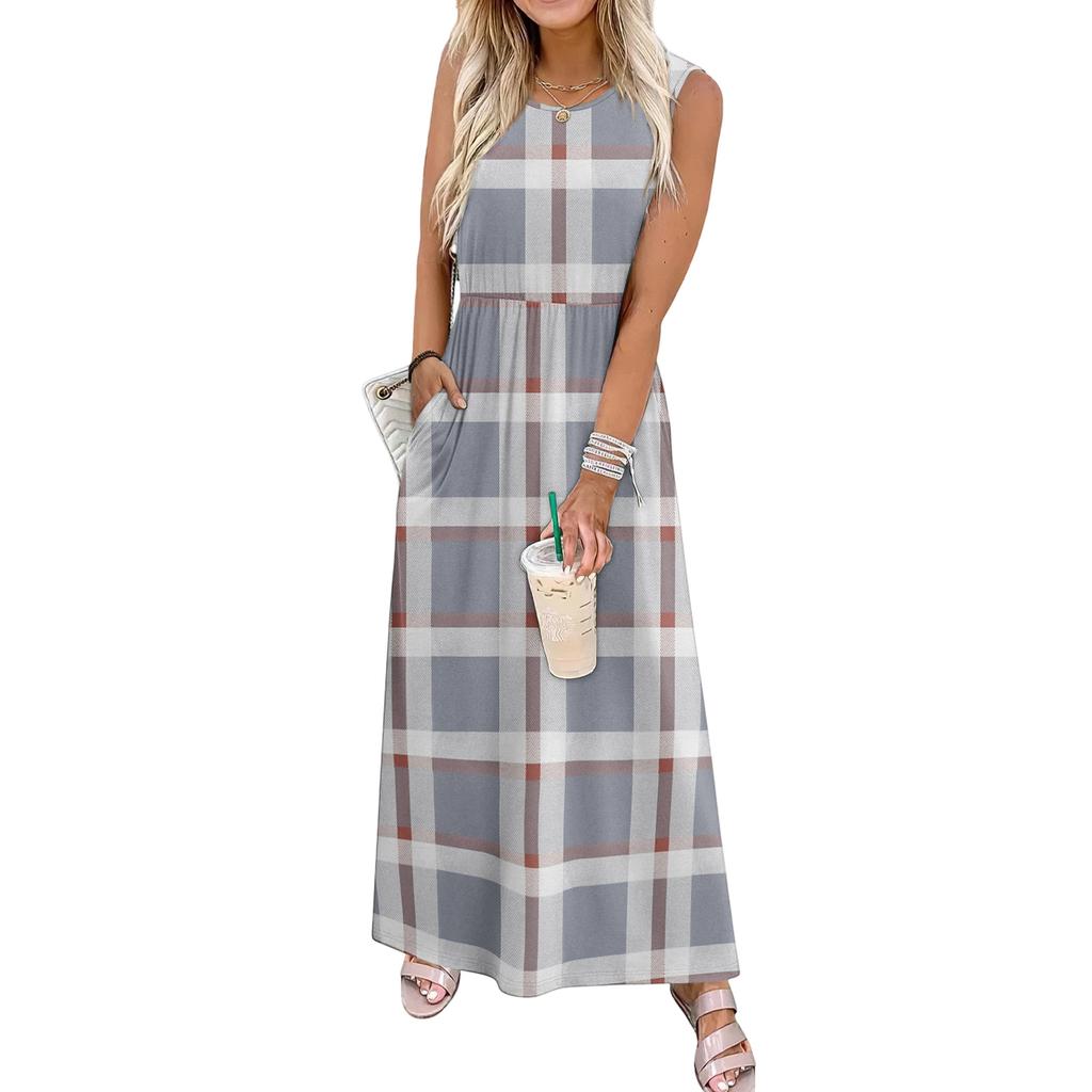 Ladies' Plaid Printed Casual and Fashionable Waist Cinched Sleeveless Dress