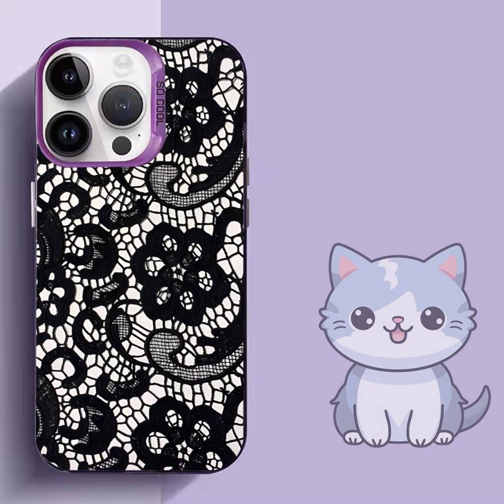 Black Lace Print New Hot Phone Case For iPhone 16,15,14,13,12,11,Mini,Pro,SE,MAX,plus,Purple Matte Silicone Cover