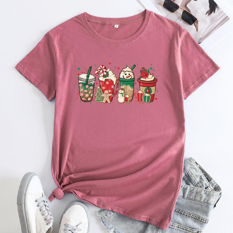 Summer Loose Christmas Print Pure Cotton Round Neck Short Sleeved T-Shirts Women’s