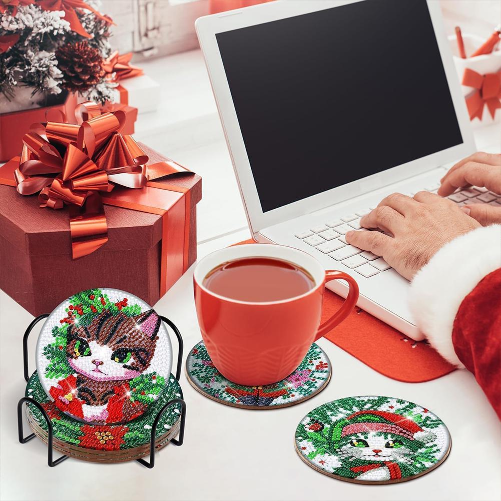 8Pcs Wooden Christmas Cartoon DIY Diamond Art Coaster Crafts with Holder DIY Diamond Painting Coaster Art for Beginners