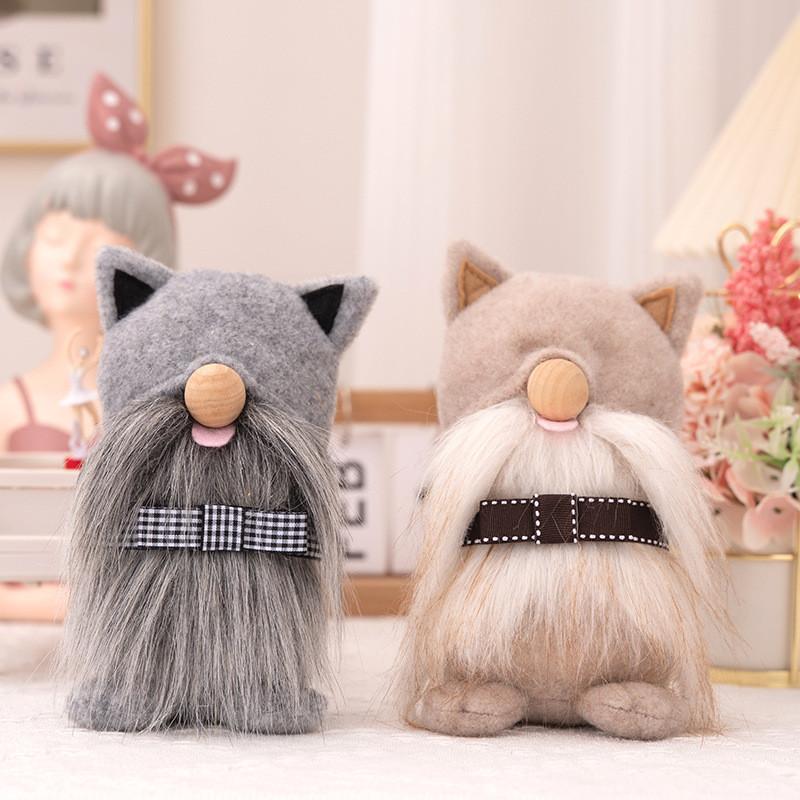 Cute Grey And Brown Plush Cat Stuffed Toy Decorative Accent For Farmhouse Style