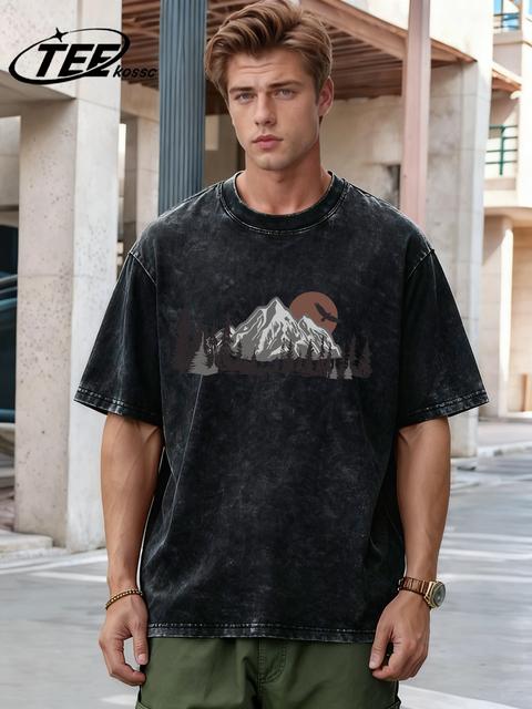 teekossc Men s Retro T-Shirt with Forest Mountain Print 4XL