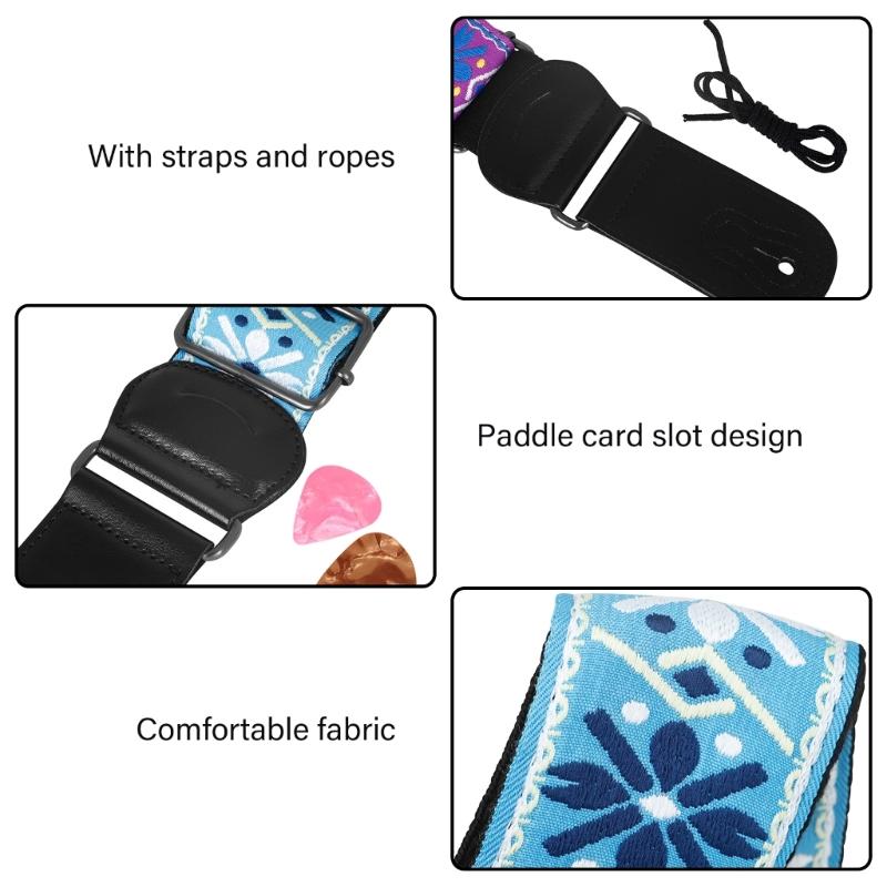 National Style Guitar Strap with Pick Pocket Adjustable Soft Cotton Shoulder Strap Leather Ends Guitar Straps