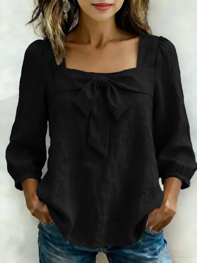 Women Solid Color Bow Knot Loose Fit Square Collar Nine Quarter Sleeve Fashion Blouse Shirt
