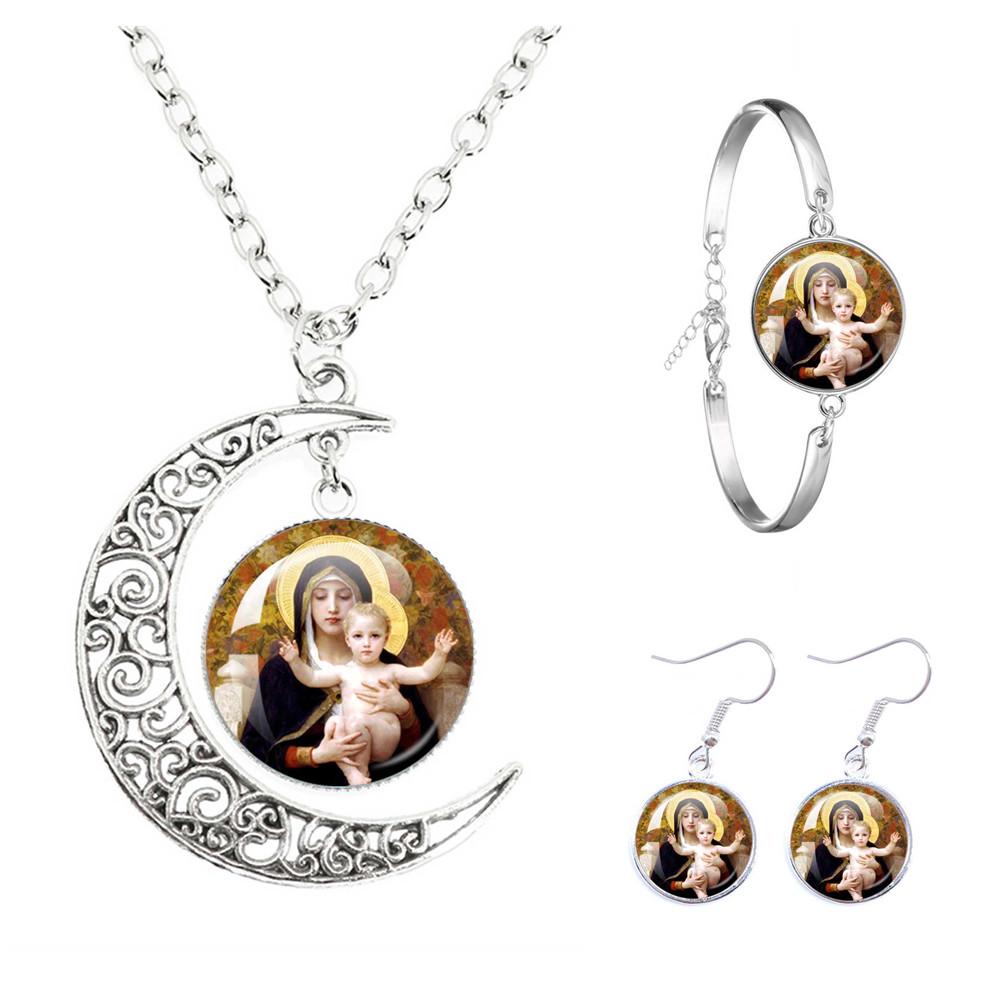 Virgin Mary And Baby Jesus Catholicism The Moon Necklace Earrings Bracelet Set Religious Glass Cabochon Pendant Gift Jewelry