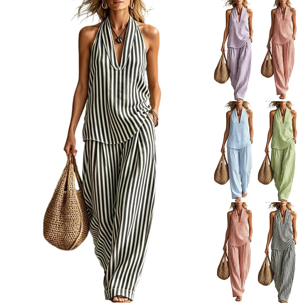 Women Linen V Neck Sleeveless Top and Wide Leg Pants Set Casual Loose Fit Striped Two Piece Outfit for Daily Wear