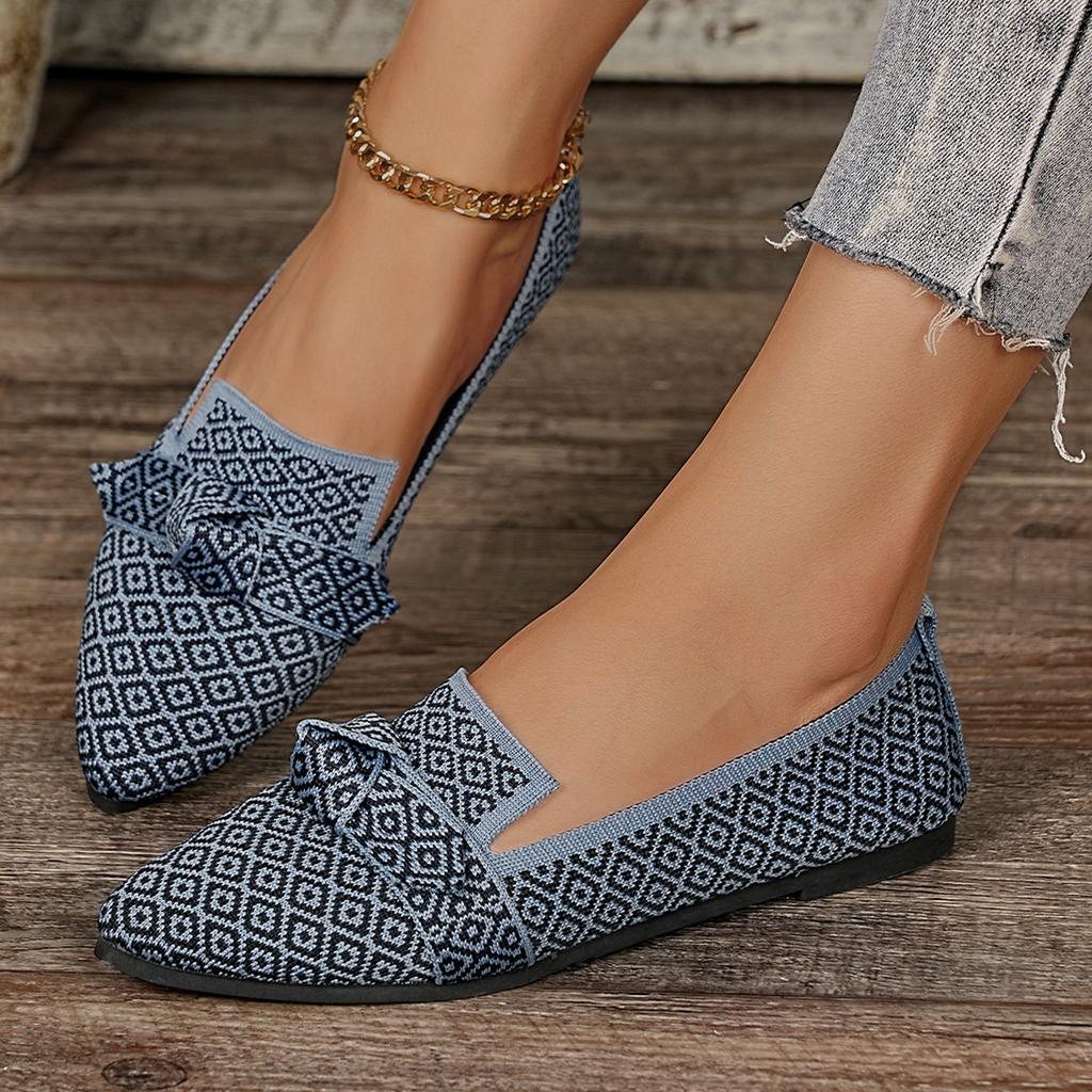 Fashion Women Flats Spring Large Size Walking Sneakers Women Pointed Toe Low-top Bow Loafers Fashion Printed Knitted Flat Shoes Women