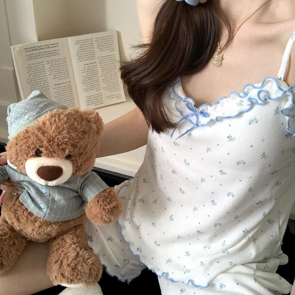 Girl Sweet Little Floral Pajamas Women's Chest Pad Sling Vest Summer Korean Lace Princess Loungewear Set
