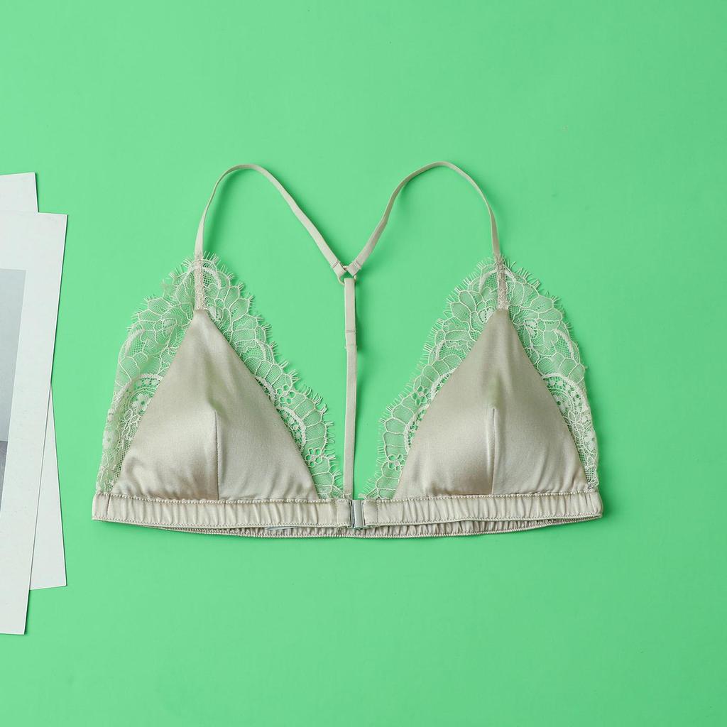 Women's Real Silk Satin Wireless Triangle Bra with Front Buckle and Beautiful Back Design