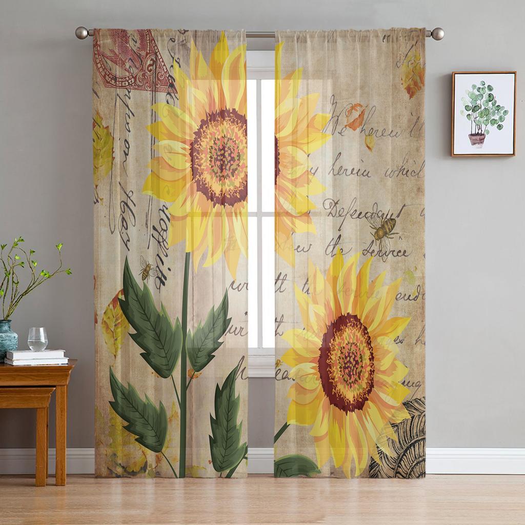 Retro Shabby Sunflower Sheer Curtains for Living Room Decoration Window Curtains for Kitchen Tulle Voile Organza Curtains