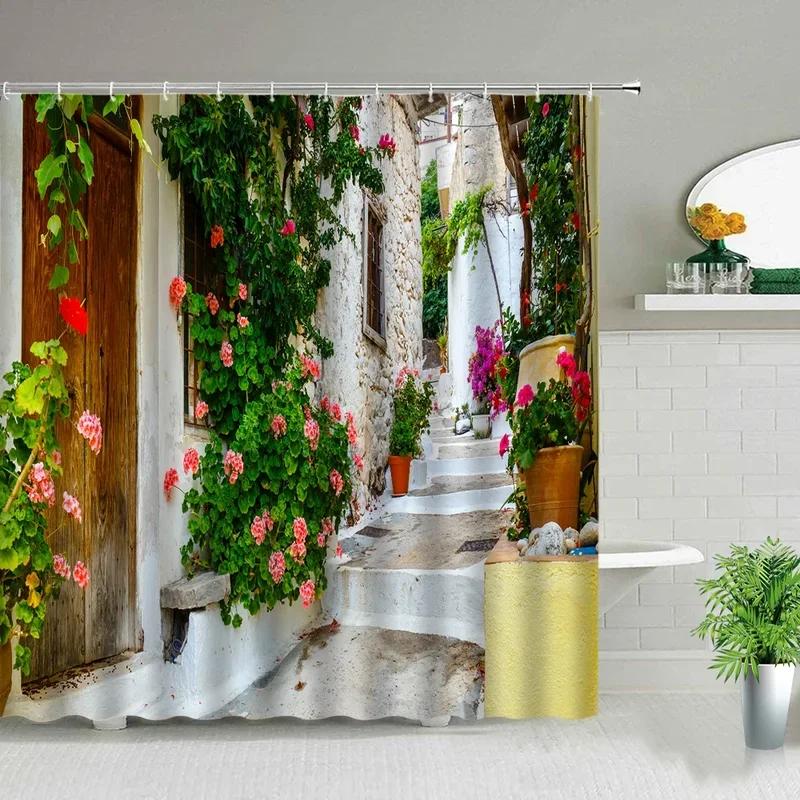 Purple Flowers Scenery Waterproof Shower Rural Street Landscape Floral Bathroom Curtains Washable Home Decor With XT6