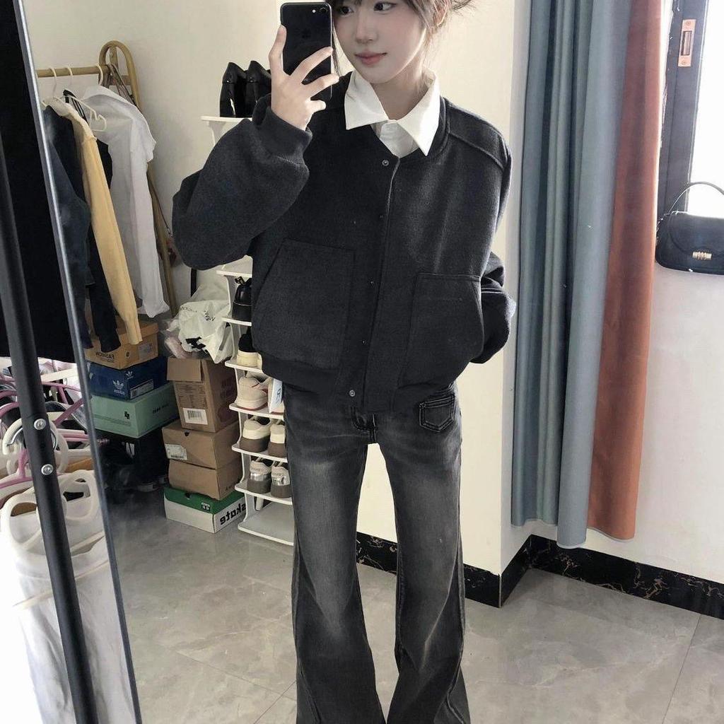 Women's New American Retro Gray Short Baseball Jacket - Loose Casual Spring & Autumn Top