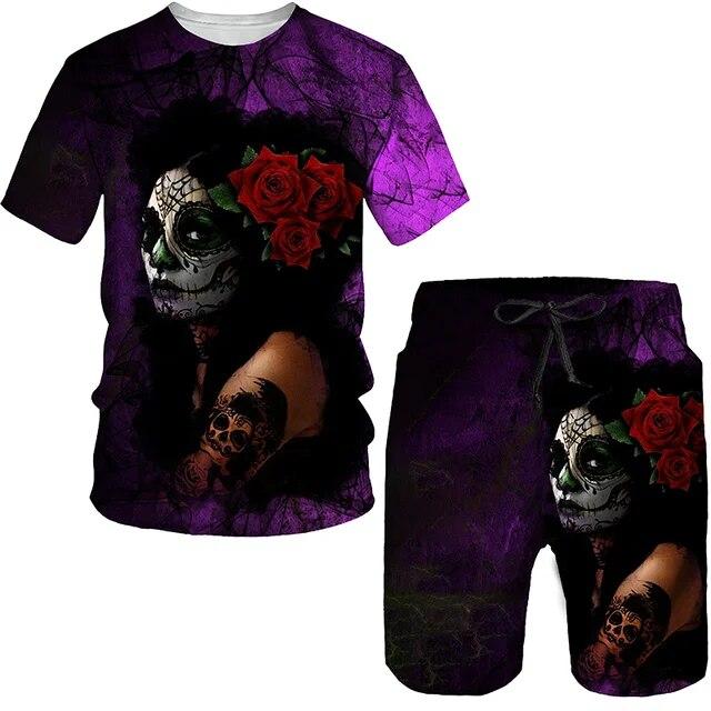 Summer 2 Piece Outfits Sets Tshirt and Shorts Tracksuit Men's Oversized Cloth Streetswear Vintage Skull Gothic 3D Print Men Sets