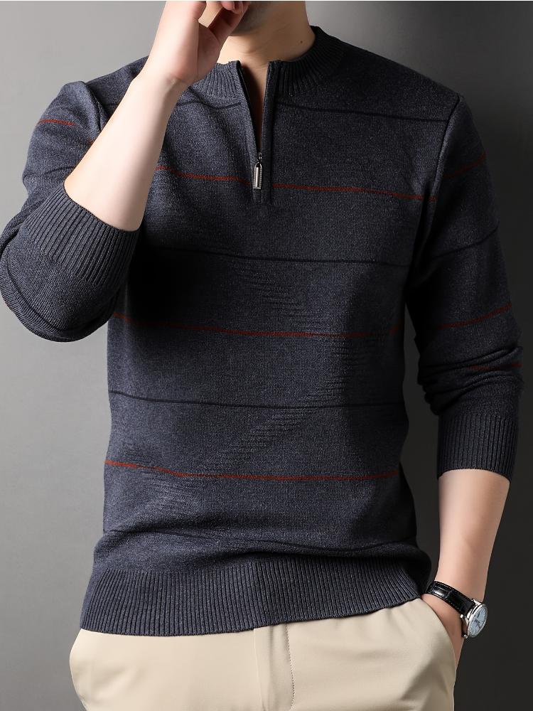 Men's Casual Striped Knit Sweater With 1/4 Zip, Long Sleeve Polyester & Acrylic Blend Top, Mature Style