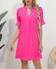 2023 Women's Solid Color V-Neck Loose Pleated Dress with Five-Point Sleeves