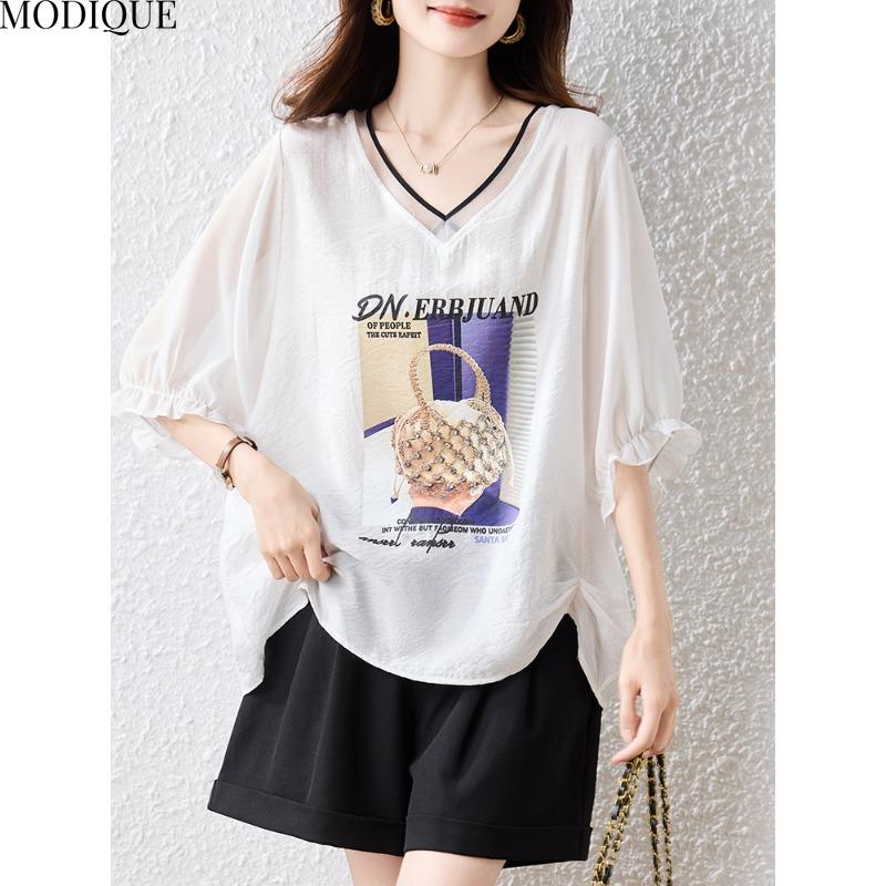 MODIQUE Spring Summer Plus Size New Women Loose Fashion Print Blouse Shirts Female Casual Oversize Short Sleeve V-Neck Top Basic White