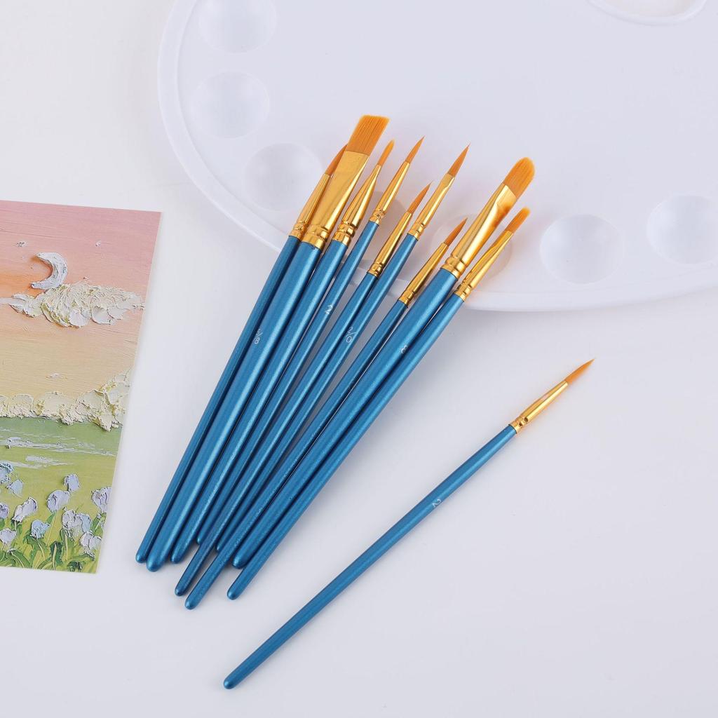 10-Piece Art Brush Set: Pearlescent Blue Chalk & Watercolor Tempera Acrylic Oil Paintbrushes