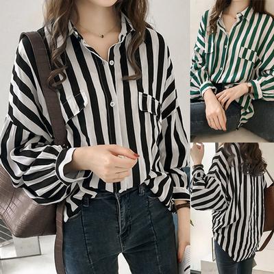 Women's Long Sleeve Button Down Shirt Loose Fit Vertical Striped Casual Blouse with Chest Pockets and Classic Collar