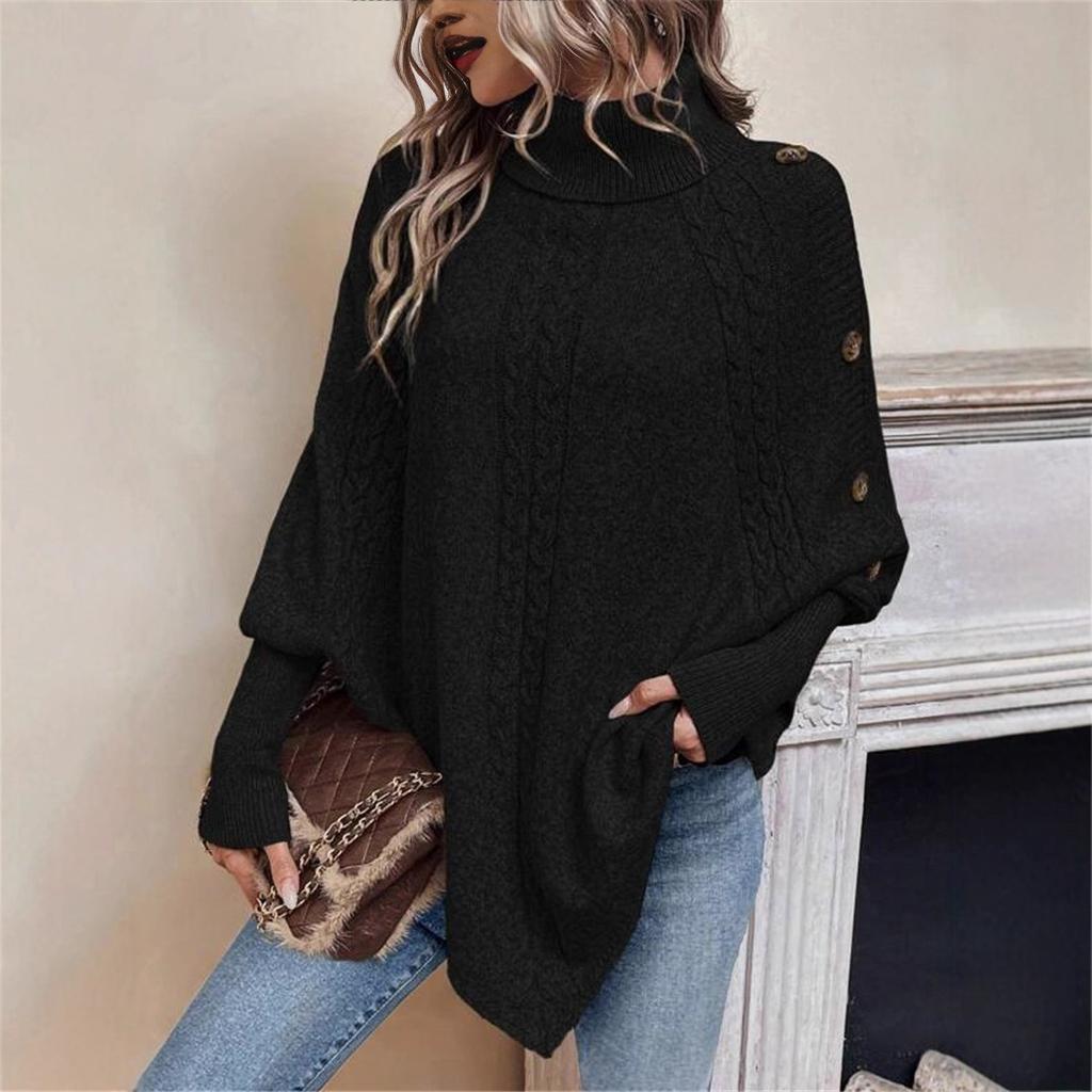 Casual Oversized Turtleneck Solid Irregular Knitted Sweater Autumn Winter Button Batwting Sleeve Cape Pullover Sweaters Women