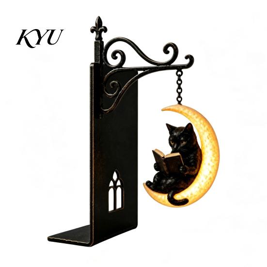 Fermalibri Robusti Fermalibri Gotici in Metallo con Luce Appesa, Gatto Corvo Fantasma Decorativo Luna Nera Supporto Lampada per Libreria, Chiesa Vintage