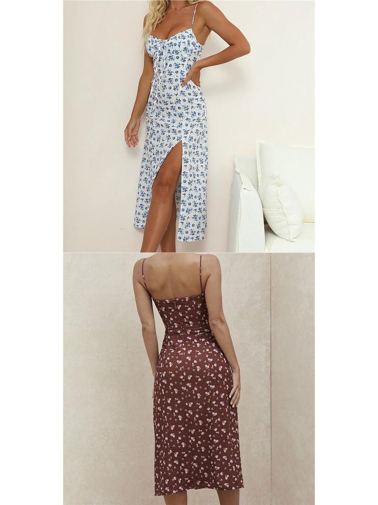 2026 Spring European & American Women's Sexy Printed Lace-up Slit Camisole Dress