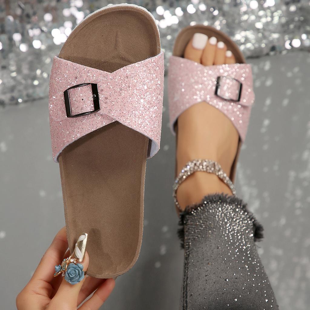 Fashion 2025 Fashionable Sequins Slippers Women Outside Fashion Summer Flat Bottom New Non-slip Internet Celebrity Flip-flops Slippers
