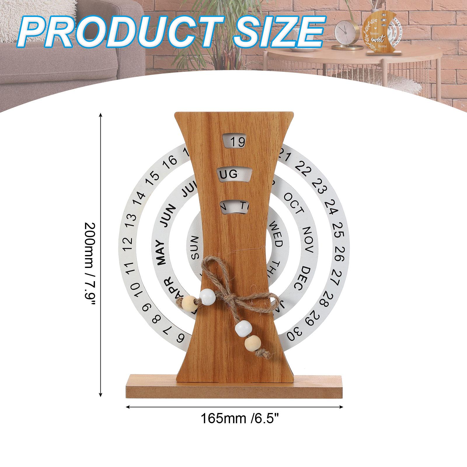 Wooden Perpetual Calendar Disc Stand Manual Rotating Turntable Calendar Month Week Date Display Home Office Desktop Decoration