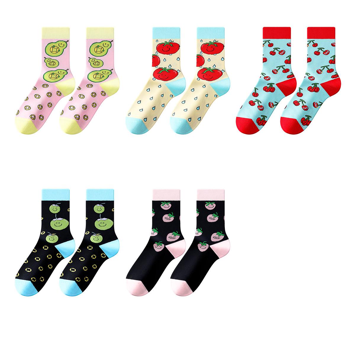 

Kave 5 Pairs Sets Women Cute Socks Fruit Trendy Casual Fruit Pattern Middle Tube Socks Kawaii Calf Sox Funny Gift High Quality One Size