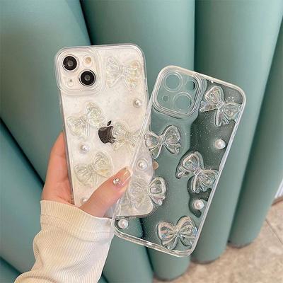Ins Style Glitter Bow Pearl Mobile Phone Case for Apple 17 Promax Fine Hole for IPhone 16 All Inclusive 14