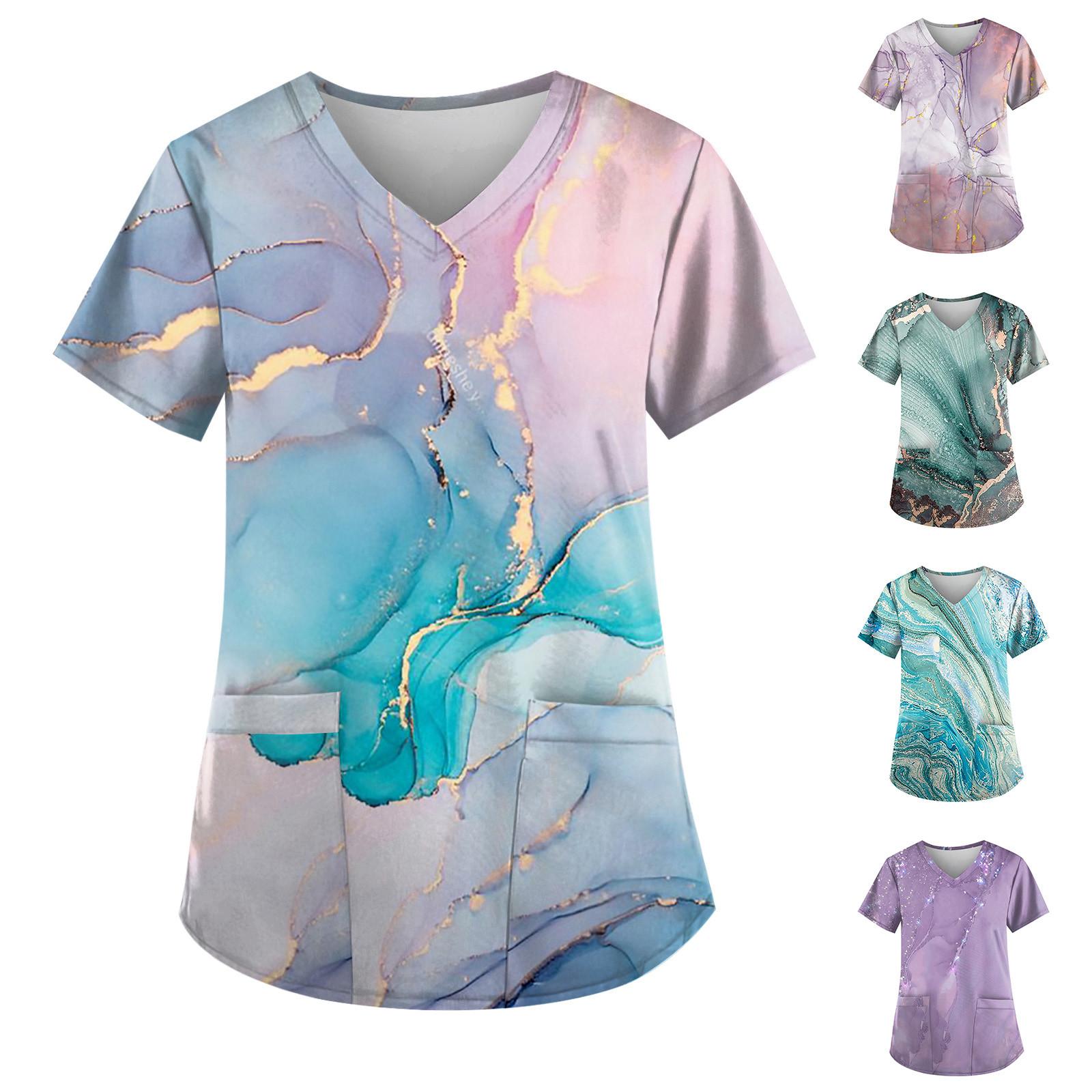 

Рабочая форма больших размеров с принтом, топы для женщин, футболки с v-образным вырезом и короткими рукавами, рабочая одежда, футболка с карманами