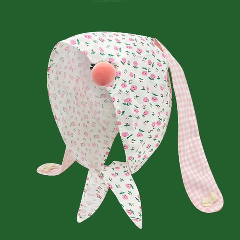 Cute Rabbit Ears Headscarf Hat Cherry Flossom Pattern Soft Cotton Hair Accessory For Women Adults Adjustable Headwear