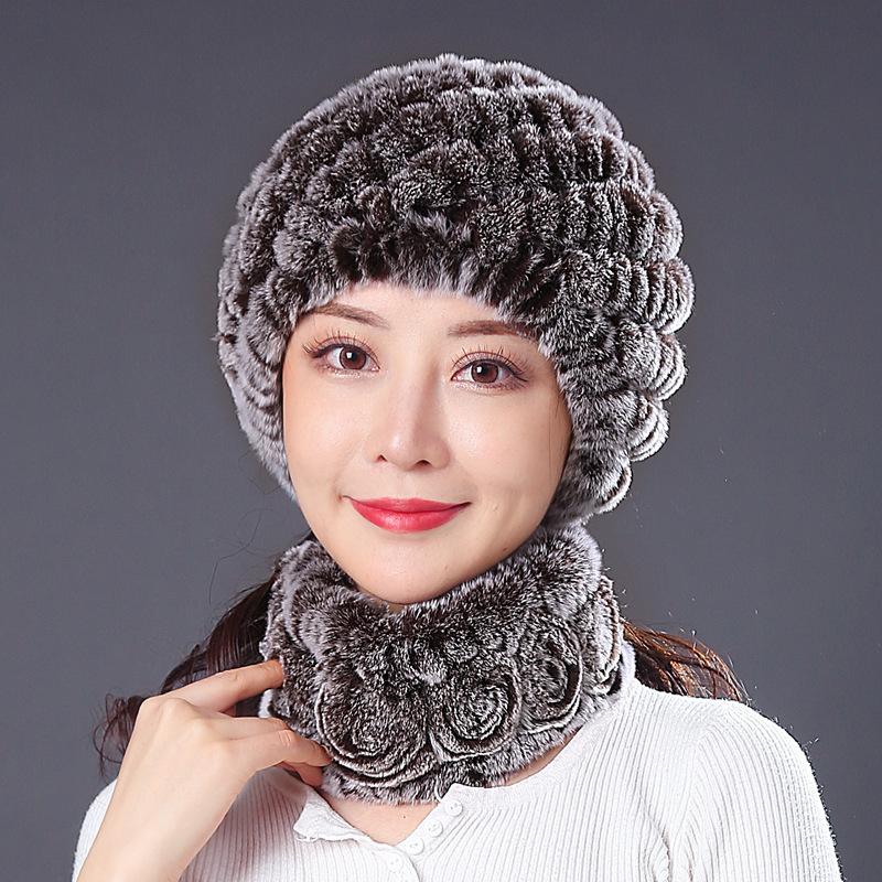 Hat Female Autumn Winter Trendy Versatile Rex Rabbit Hair Cycling Warm Ear Protection Fur Hat Scarf Set