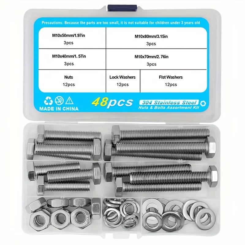 48-620 Pcs Heavy Duty Screws and Nuts Kit, 304 Stainless Steel Bolts, Including 8 Most Common Size Screw Sets, M6, M8, M10.