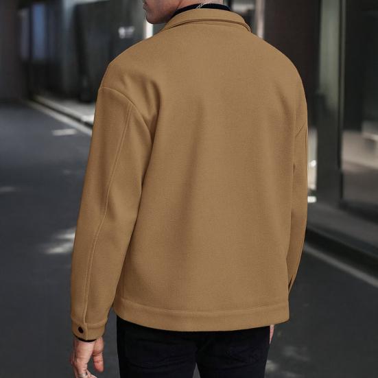 Men Jacket Woolen Lapel Design Long Sleeve Solid Color Coat with Flap Pockets Design