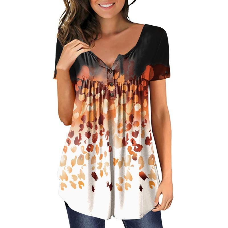 Summer Women's Short Sleeve Floral 3D Printed Buttons T Shirt Ladies Plus Size Top