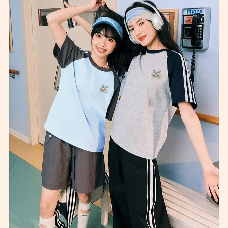 Women Summer Loose Cotton Tshirt Chinese Style Contrast Color Short Sleeve Tops