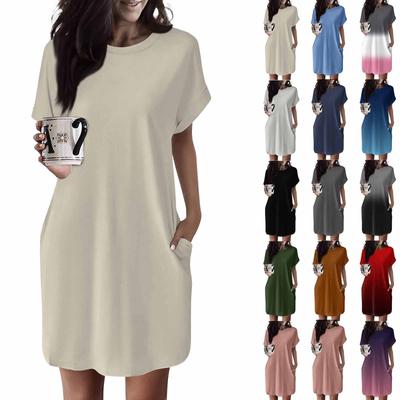 Women‘’s Dress Round Neck Short Sleeve Casual Summer Tunic Dresses Loose Dress With Pocket
