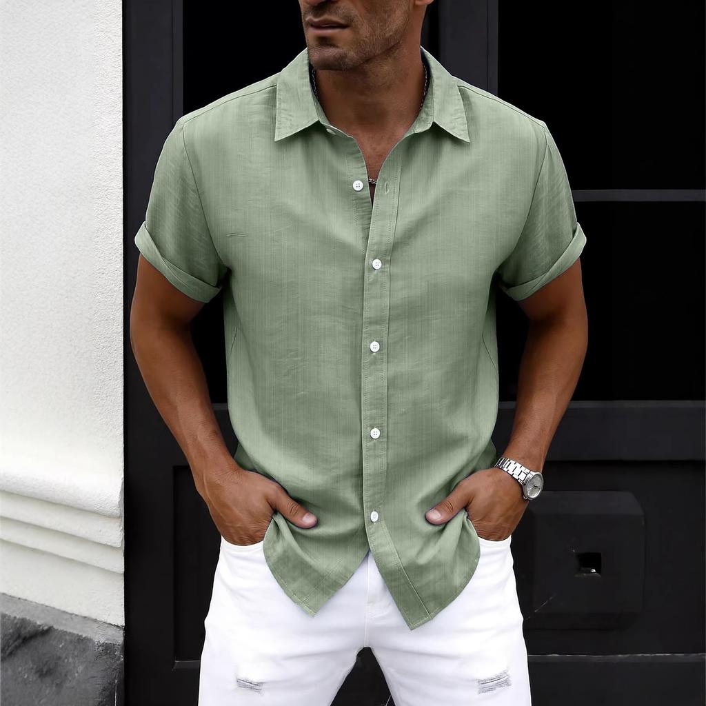 New summer men's plus size shirt teen solid color short-sleeved lapel shirt top men's