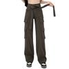 2022 Summer Retro Straight High Waist Wide Leg Casual Trousers Cargo Pants  Bandage Solid Pockets Streetwear Harajuku Loose