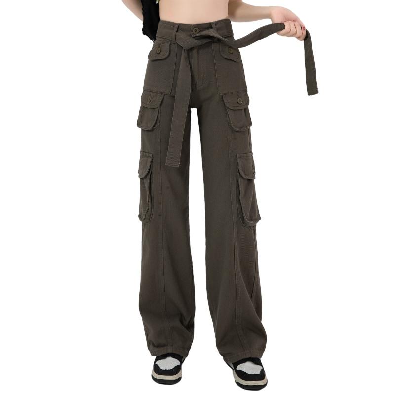 2022 Summer retro Straight High Waist Wide Leg Casual Trousers cargo Pants  Bandage Solid Pockets Streetwear Harajuku Loose