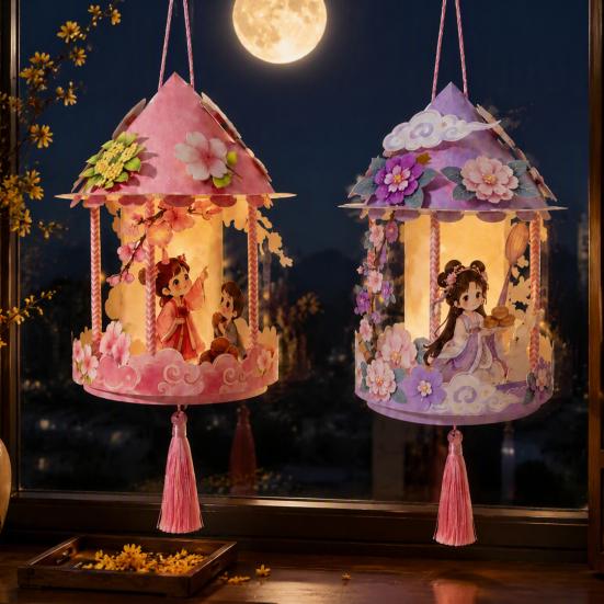 Traditional Palace Lantern Toy Chinese DIY Kit for Mid Autumn, Festival Handheld Glowing Autumn Decoration Paper Lamp with LED Light &