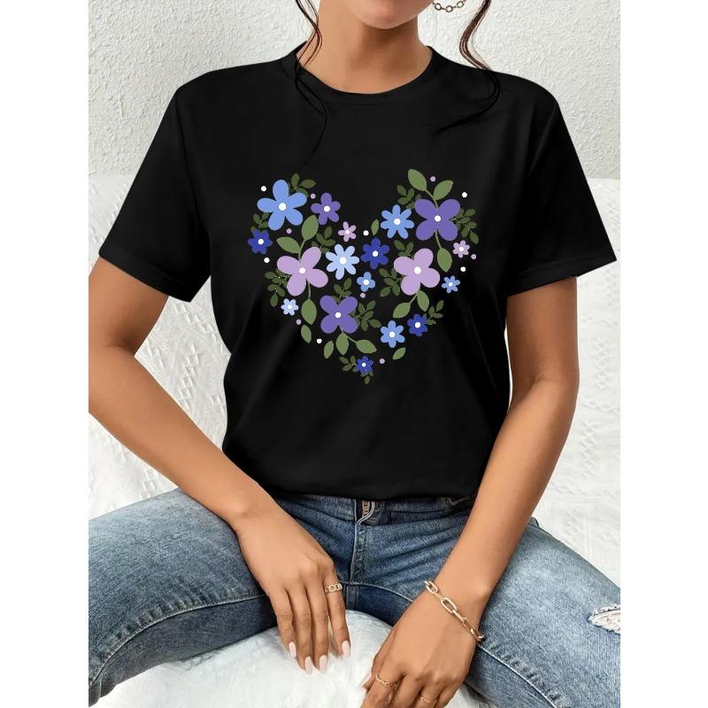 

Valentine s Day Women s Casual Round Neck Short Sleeve T-Shirt, Purple Floral Heart Print - Perfect Choice for Spring and Summer 2XL чорний
