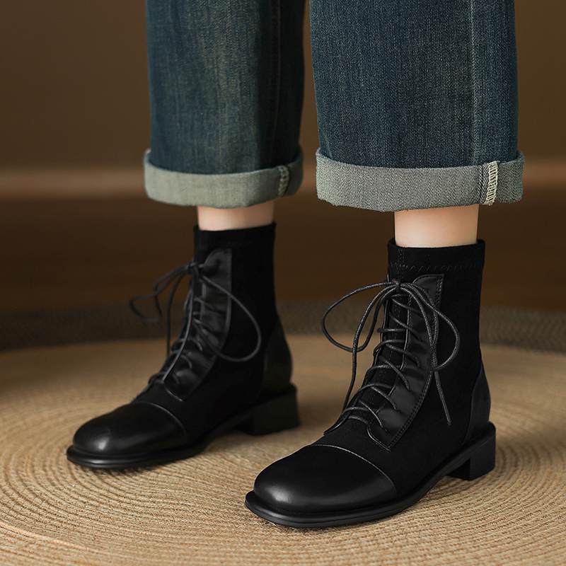 Krazing Po Microfiber Winter Round Toe Size 33 Western Boots Size 43 Lace Up Low Heels European Designer Ankle Boots