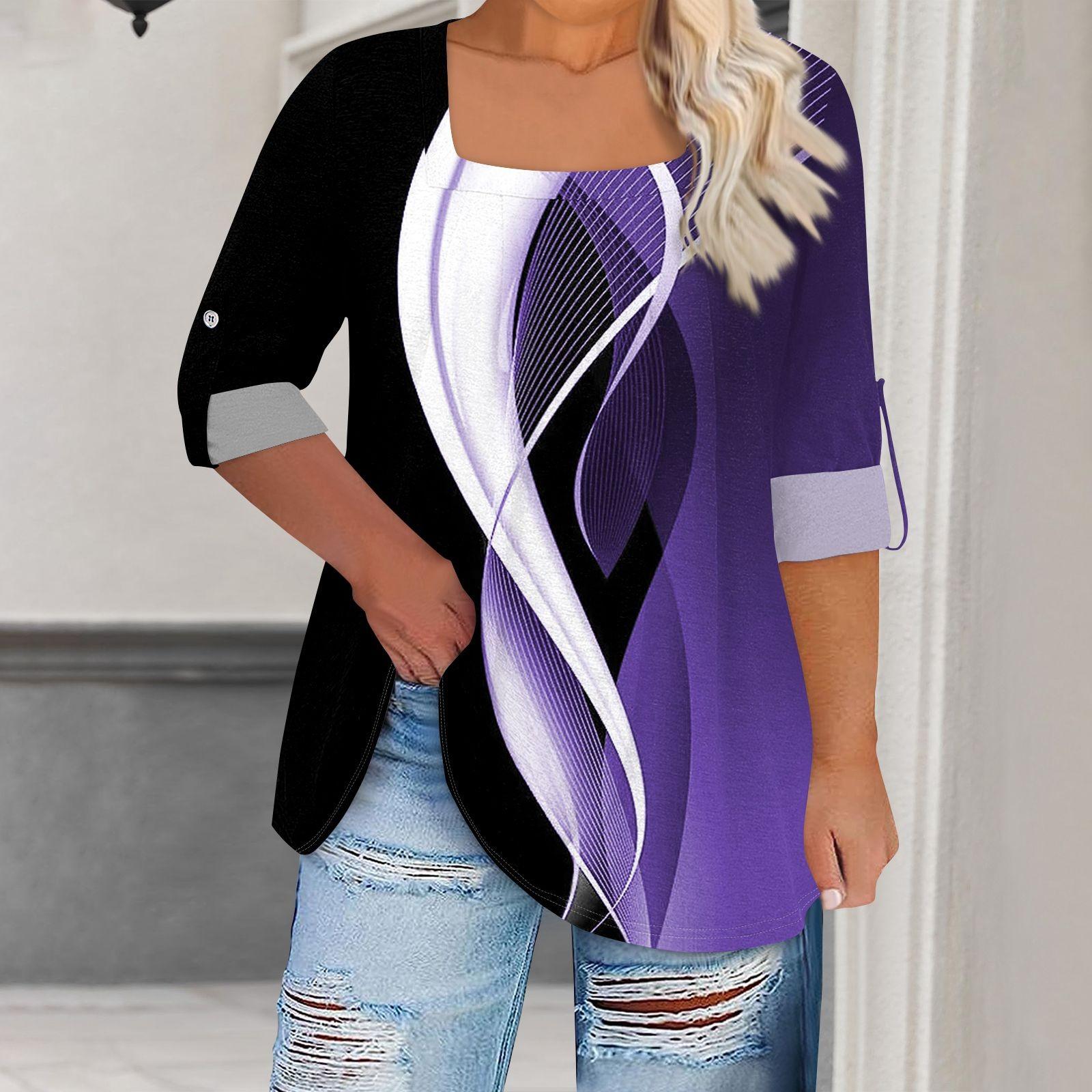 

Женская футболка с принтом, длинные рукава реглан, базовый квадратный топ стандартного размера для повседневной моды XXXL фиолетовый