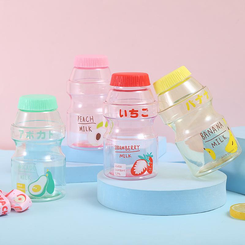 480ml Kawaii Plastic Water Bottle With Cup Strap Drinking Bottle Yakult Shape Cute Milk Carton Shaker Bottle for Kids/Girl/Adult