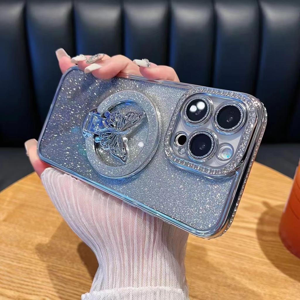 Suitable for IPhone17 Water Diamond Glitter Butterfly Stand Phone Case Magnetic Anti Drop Protective Case for IPhone 16pro I15